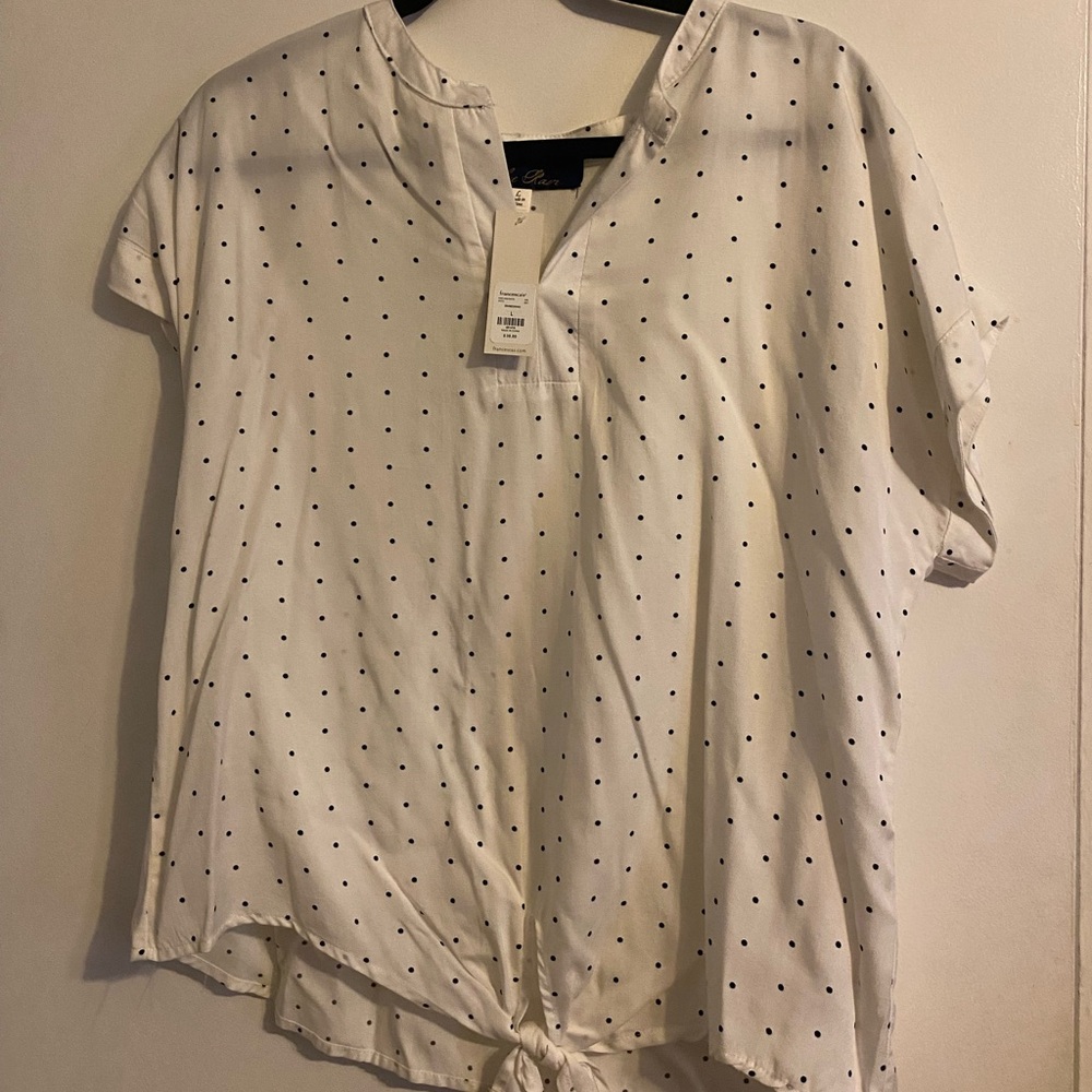 NWT Blue Rain from Francesca’s white with black polka dot flowy tie front shirt